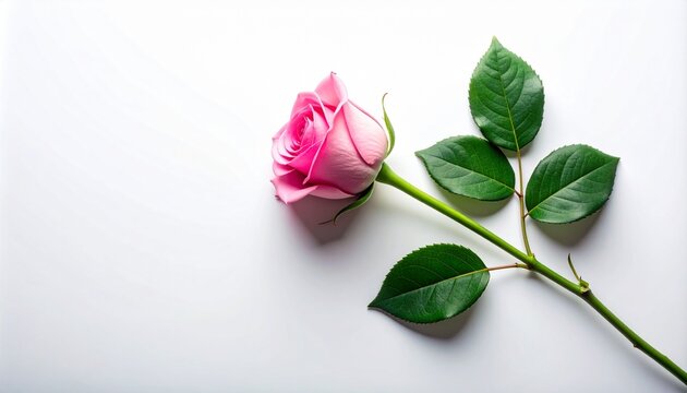 Pink rose with green leaves on white background