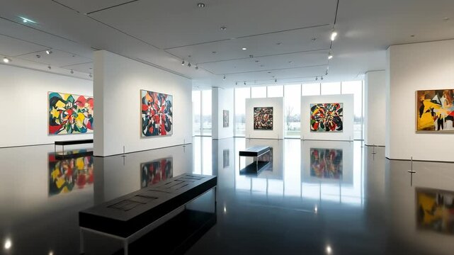 Art Gallery Interior Featuring Vibrant Abstract Paintings in a Modern Exhibition Space with Sleek Floors and Illuminated Wall Displays