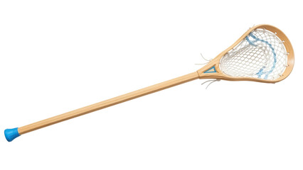 Isolated wooden lacrosse stick with blue grip and accents, and white and blue netting.
