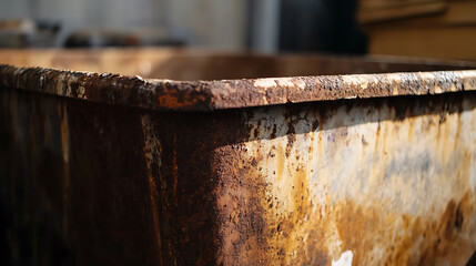 Close-up of a rusty rectangular container showing texture and decay, suggesting age and weathering. The interplay of light and shadow highlights the corroded surface.