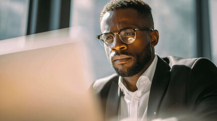 Thoughtful young businessman wearing glasses and formal suit working intently on laptop in a bright modern office setting during daytime