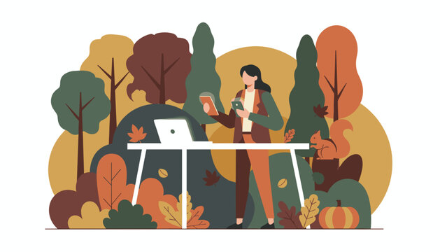 Productive remote work outdoors during autumn Woman multitasking with tech devices in the park