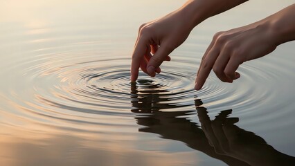 Touch the Serenity: Gentle hands interact with the calm surface of the water, creating concentric circles that ripple outwards, mirroring the inner peace and tranquility. 