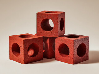 Four red porous volcanic stone cubes with circular holes stacked and arranged on a neutral surface casting soft shadows in minimalistic lighting setup