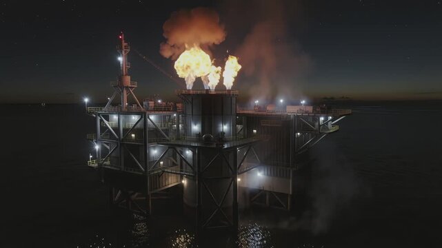 Dramatic slow motion shot of gas flare burning brightly atop offshore platform at night, orange flames dancing against black sky, reflections shimmering on dark water below