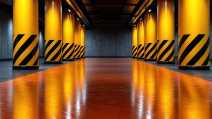 In this contemporary image, large yellow pillars are contrasted with dark elements in a striking industrial space, showcasing bold architecture and modern design.