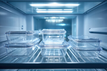 Minimalist Refrigerator Organization with Clear Containers and Empty Shelves for Efficient Meal Prep Storage