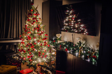 Festively decorated Christmas tree adorned with red ornaments and twinkling lights, surrounded by holiday gifts and greenery, creating a warm and inviting atmosphere