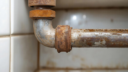 Close-up of weathered metallic plumbing, showcasing signs of age and corrosion against white-tiled backdrop, revealing the wear and tear over time in its connection