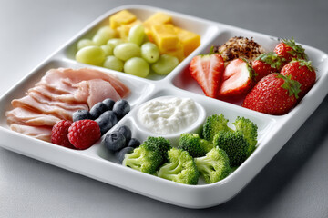 Balanced meal portion control with divided plate showing measured healthy ingredients and sections