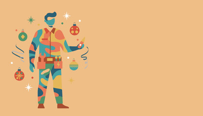 Festive handyman graphic with Christmas ornaments and tools for holiday service concept