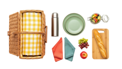 Isolated picnic basket with food and utensils for eating outdoors, lunch is healthy