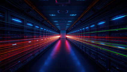 Neon lit data center corridor with colorful light trails conveying speed and energy