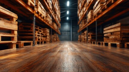 A captivating view of a spacious warehouse interior, featuring stacked wooden pallets, highlighting industrial design and storage efficiency in a modern logistical environment.