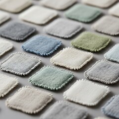 Arrangement of Pastel-Colored Fabric Swatches with Frayed Edges on Gray