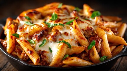 A hearty baked penne pasta dish is bubbling with melted cheese and garnished with fresh herbs, signifying warmth, comfort, and the joy of sharing meals with loved ones.