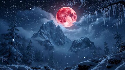 Eerie Red Moon Over Snowy Mountains and Icy Forest Under a Starry Night Sky lunar eclipse - Powered by Adobe