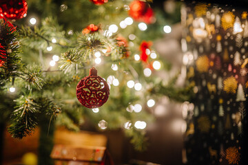 Red ornament hanging from a Christmas tree adorned with twinkling lights, creating a festive atmosphere with blurred background decorations and holiday spirit