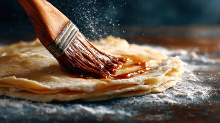A close-up view of a wooden brush applying rich chocolate glaze to pastry dough, capturing the art of baking and the delicious anticipation of sweet treats.