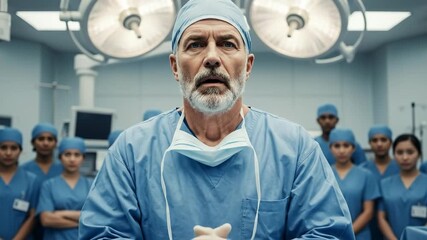 A skilled, middle-aged male surgeon in a blue surgical outfit demonstrates leadership and focus in a medical operating room surrounded by a diverse surgical team.