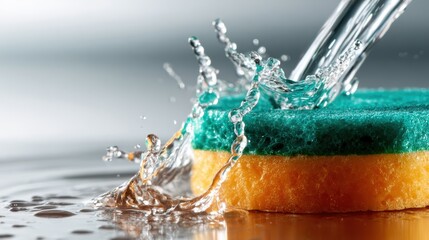 A vibrant, colorful sponge splashing in clear water, showcasing the dynamic interaction between the sponge material and the droplets as they burst around it in a lively manner.