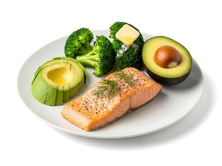 Healthy meal with salmon broccoli and avocado on a plate