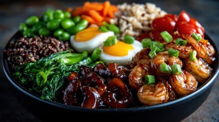 Fototapeta premium A colorful bowl filled with shrimp, vegetables, and rice, artfully arranged to showcase culinary creativity and the joy of healthy, delicious meals.