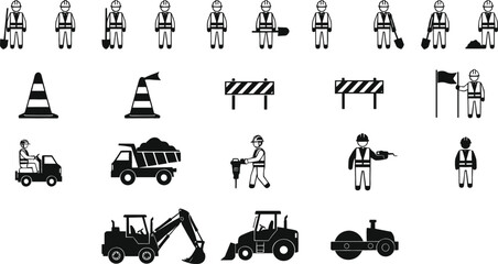 Comprehensive road construction vector silhouette set featuring workers with shovels heavy machinery excavators steamrollers and safety traffic control equipment © NURUL