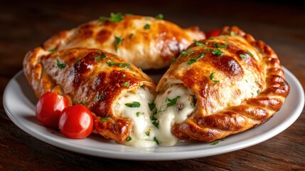 A mouthwatering serving of cheesy calzones, filled with savory ingredients, garnished with fresh parsley, and served with cherry tomatoes on a rustic wooden table.
