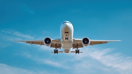 Obraz premium A large commercial passenger airplane soaring through clear blue skies with wispy clouds, white fuselage,