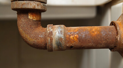 Close-up of an old, rusty metal pipe. The corrosion gives it a textured, orange-brown appearance. Details capture the degradation and age of the pipe and the texture and color of the rust.