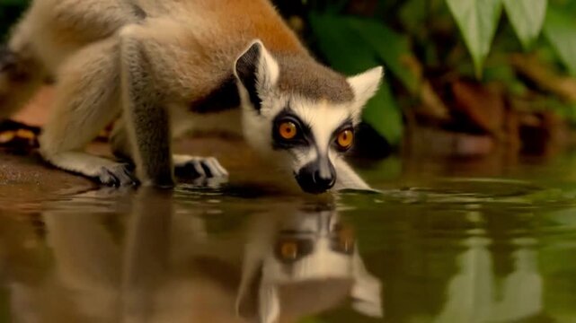 Curious lemur inspecting its own reflection in jungle water. video