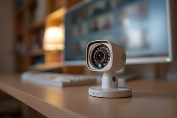 Modern remote support workspace with unbranded webcam on computer monitor and blank wall background