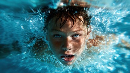 A captivating image of a young swimmer submerged underwater, creating a sense of movement and dynamism, representing the joy of youth and the refreshing allure of water.