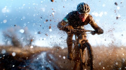An action-packed photo of a mountain biker navigating a muddy trail, showcasing the thrill of outdoor sports and the excitement of adventure in rough terrain.