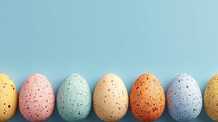 Six speckled Easter eggs in pastel colors arranged along the bottom against a solid light blue background
