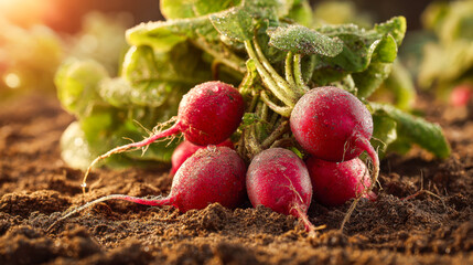 Freshly harvested vibrant red radishes with green leafy tops resting on rich brown soil in a sunlit garden setting early in the morning light