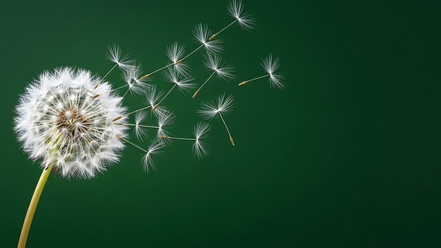 A close-up shot of a white fluffy dandelion seed head with many seeds being carried away by the wind against a dark green background.