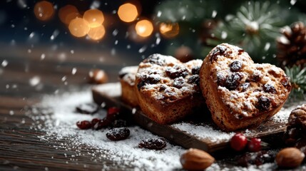 A beautifully arranged platter of heart-shaped holiday treats dusted with powdered sugar, surrounded by festive decorations and a cozy winter atmosphere.