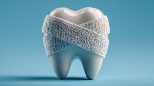 Ceramic tooth model wrapped in white medical gauze symbolizing dental care, oral health protection, and treatment concepts on blue background