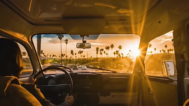 Driving a Vintage Van Along a Palm Tree-Lined Coast at Sunset.