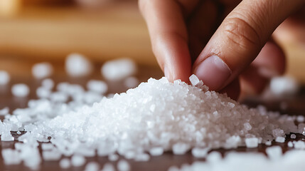 A hand carefully reaches into a mound of pure white salt crystals, their forms catching the light. Resting on a wooden surface, ready to season or preserve, the scene evokes clean food preparation.