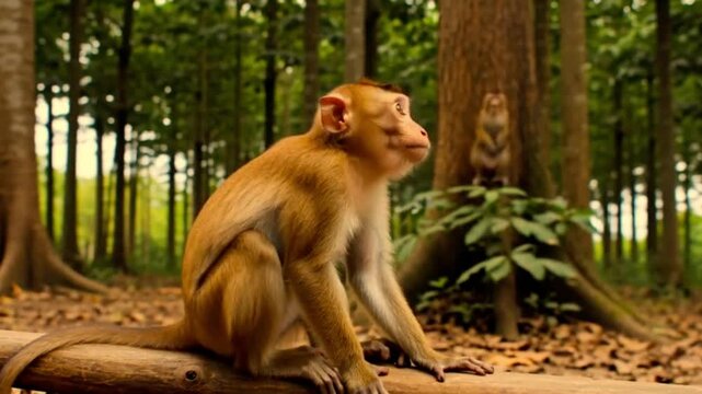 curious monkey sits on a fallen log and makes a short call. An echo returns from the surrounding trees. video