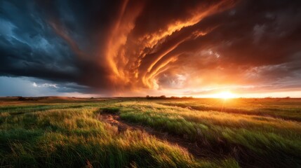 An awe-inspiring view of a dramatic sunset behind swirling storm clouds, creating a captivating interplay of light and shadow, symbolizing nature's power and beauty.