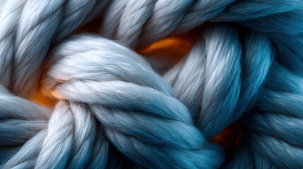 An abstract close-up image of twisted blue rope, with intricate textures and colors merging artistically, symbolizing strength and complexity in design and emotion.