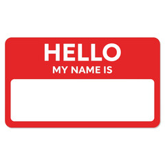 a vibrant red rectangular name tag displaying the greeting hello my name is with a blank space for personalization high quality © Mun taha Design
