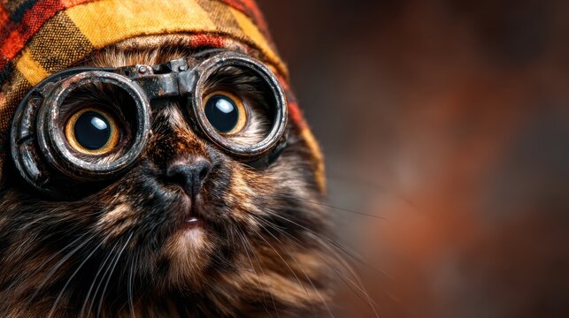 A cute cat wearing goggles and a patterned hat looks quizzically into the distance, suggesting a whimsical spirit of adventure and curiosity in a playful setting.