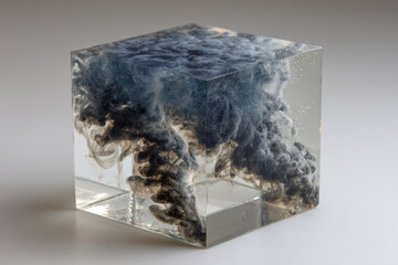 Transparent acrylic cube with swirling spiral mist vortex creating abstract surreal effect