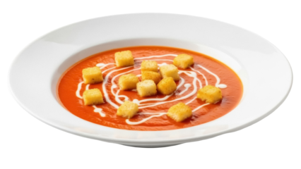 Isolated plate of tomato soup with swirls of cream and golden croutons on top, studio shot