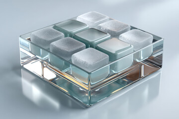 Acrylic data lake basin with grouped translucent tiles, digital storage concept on gray